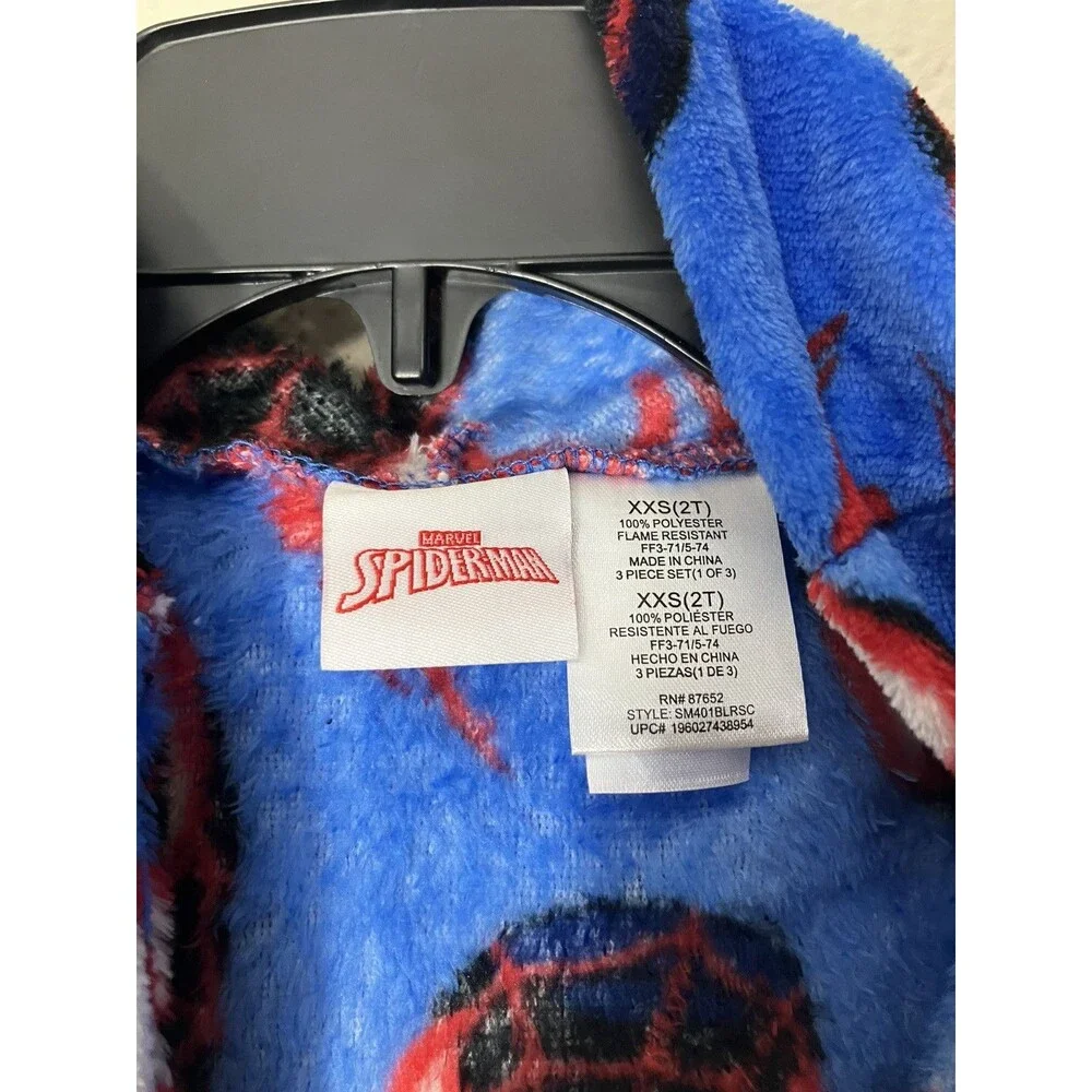 Marvel Spiderman Kids Robe XXS 2T Blue Red Fleece Belted Hooded Soft NWT